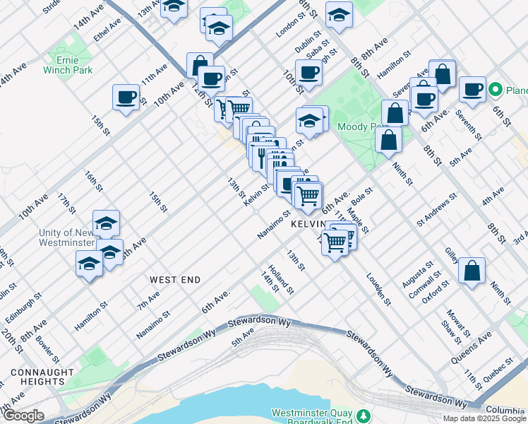 map of restaurants, bars, coffee shops, grocery stores, and more near 627 13th Street in New Westminster
