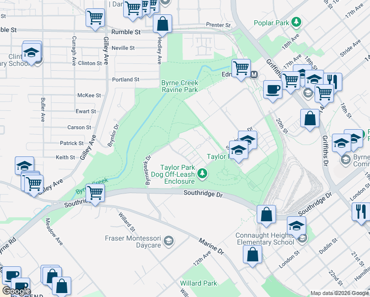 map of restaurants, bars, coffee shops, grocery stores, and more near 7428 Southwynde Avenue in Burnaby