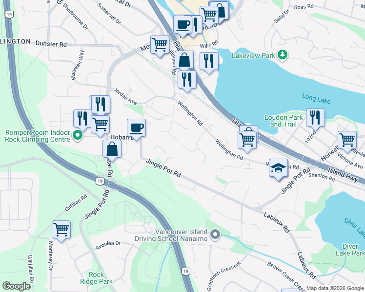 map of restaurants, bars, coffee shops, grocery stores, and more near 4155 Jingle Pot Road in Nanaimo