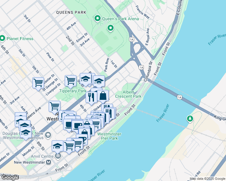 map of restaurants, bars, coffee shops, grocery stores, and more near 188 Agnes Street in New Westminster