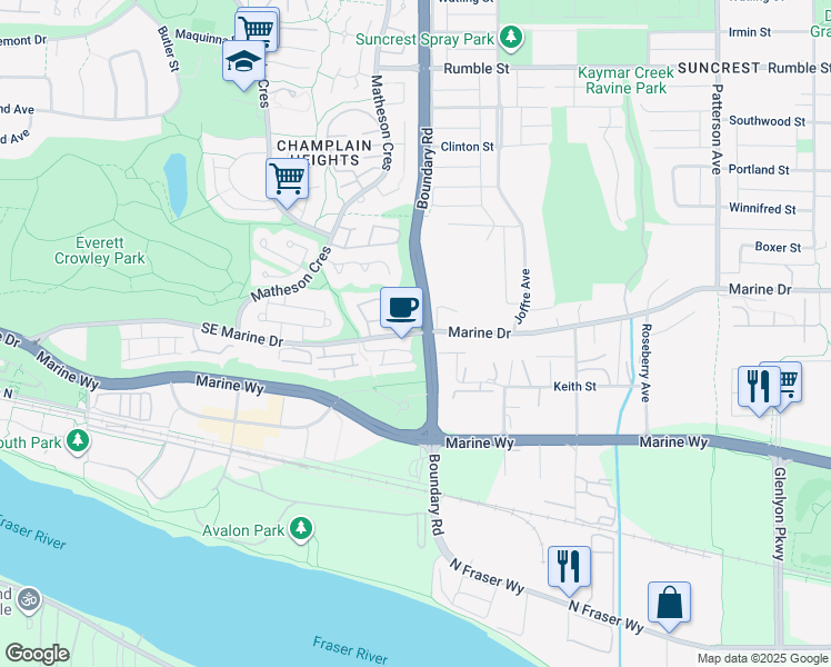 map of restaurants, bars, coffee shops, grocery stores, and more near 6775 Southeast Marine Drive in Vancouver