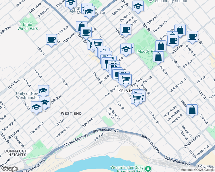 map of restaurants, bars, coffee shops, grocery stores, and more near 627 13th Street in New Westminster