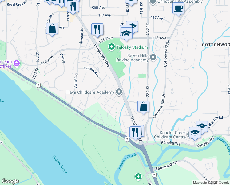 map of restaurants, bars, coffee shops, grocery stores, and more near 11295 Pazarena Place in Maple Ridge