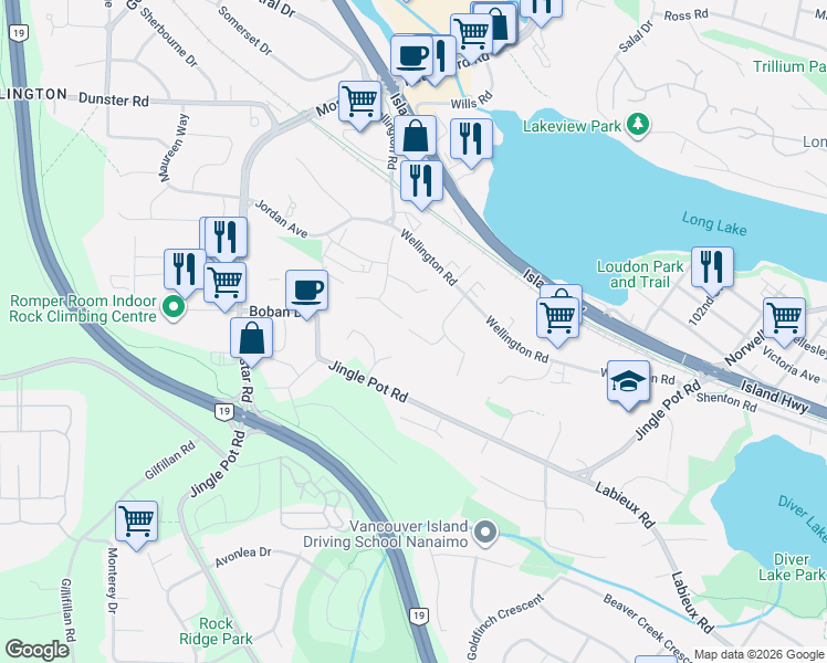map of restaurants, bars, coffee shops, grocery stores, and more near 4155 Jingle Pot Road in Nanaimo