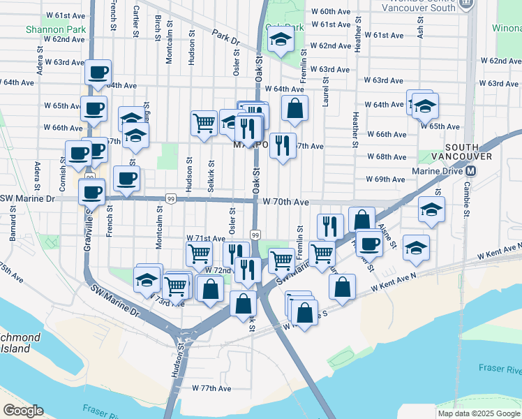 map of restaurants, bars, coffee shops, grocery stores, and more near in Vancouver