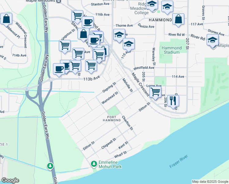 map of restaurants, bars, coffee shops, grocery stores, and more near 20333 Wanstead Street in Maple Ridge