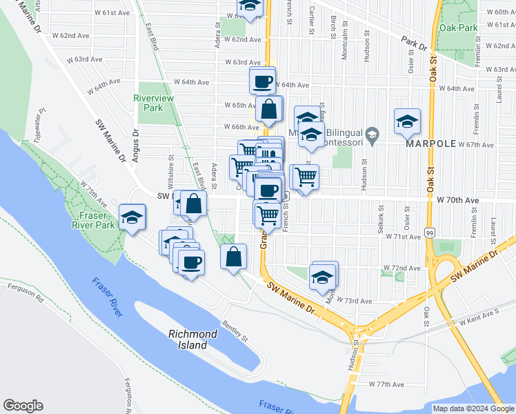 map of restaurants, bars, coffee shops, grocery stores, and more near 8631 Granville Street in Vancouver