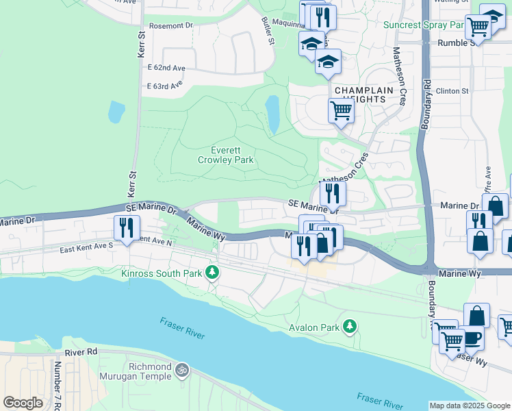 map of restaurants, bars, coffee shops, grocery stores, and more near 3371 Fieldstone Avenue in Vancouver