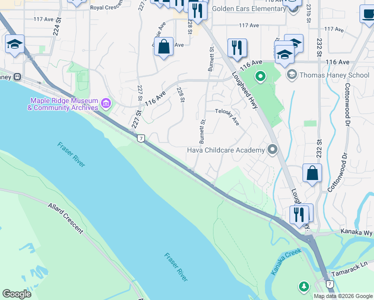 map of restaurants, bars, coffee shops, grocery stores, and more near 11285 Burnett Street in Maple Ridge