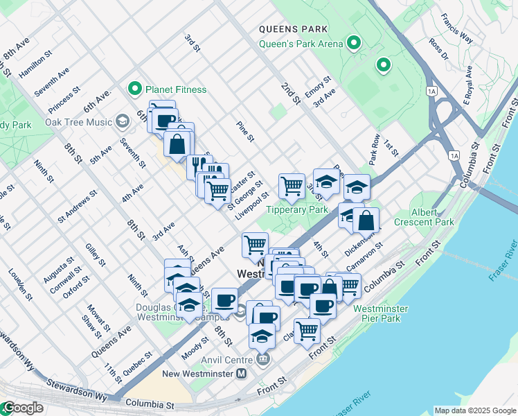 map of restaurants, bars, coffee shops, grocery stores, and more near 431 Queens Avenue in New Westminster