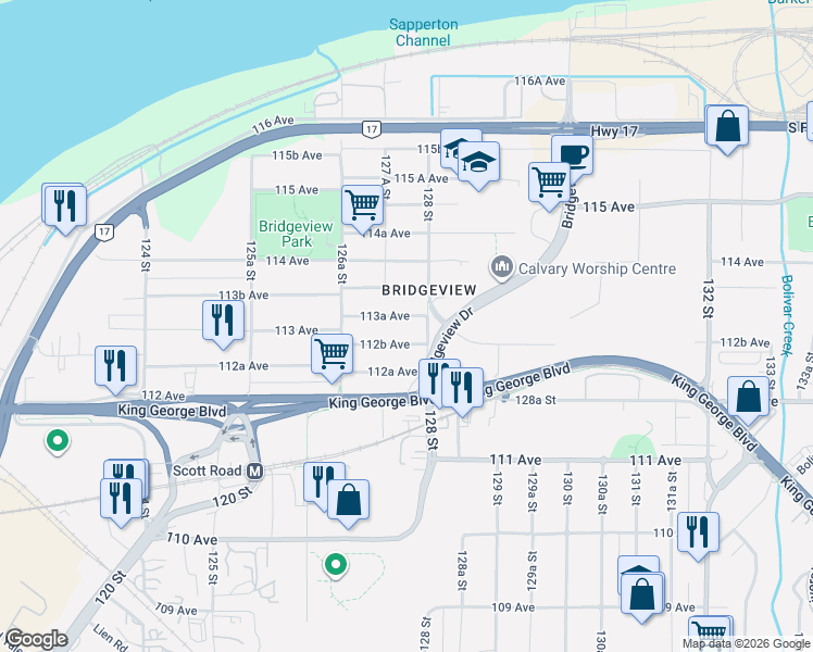 map of restaurants, bars, coffee shops, grocery stores, and more near 12766 113A Avenue in Surrey