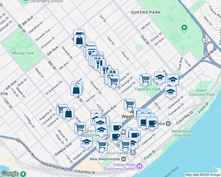 map of restaurants, bars, coffee shops, grocery stores, and more near 232 6th Street in New Westminster