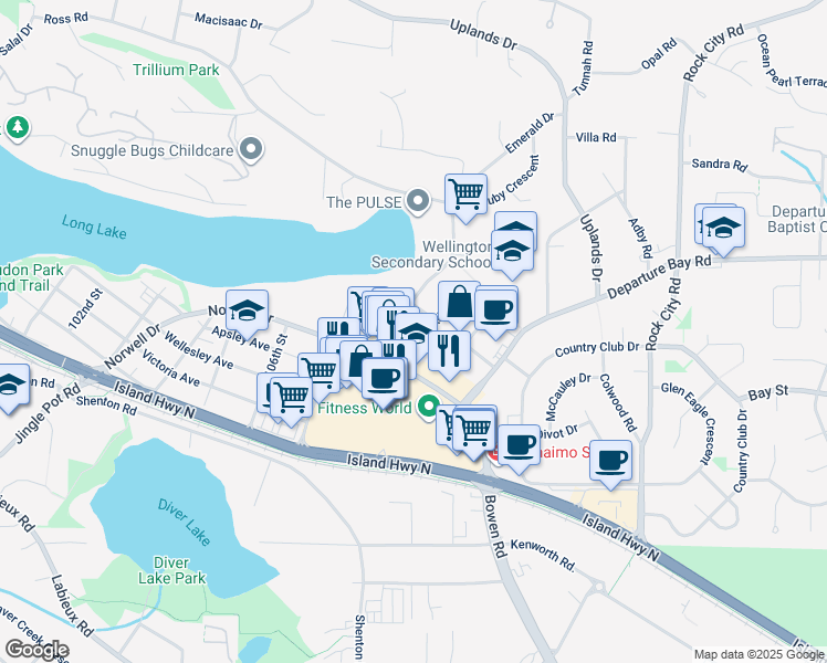 map of restaurants, bars, coffee shops, grocery stores, and more near 3300 Norwell Drive in Nanaimo