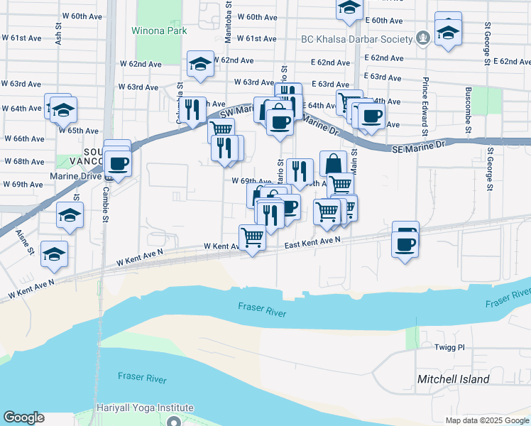 map of restaurants, bars, coffee shops, grocery stores, and more near in Vancouver