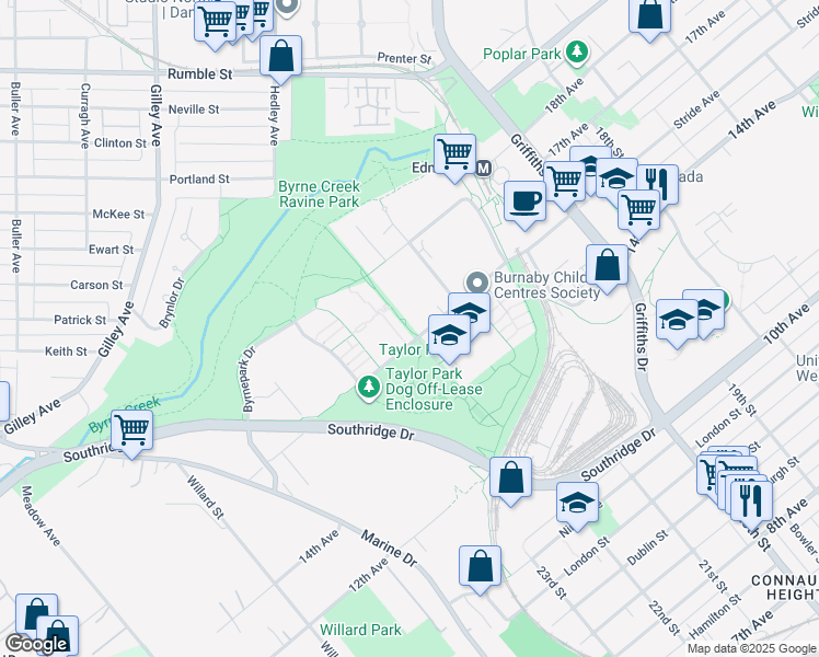 map of restaurants, bars, coffee shops, grocery stores, and more near Mission Urban Trail in Burnaby