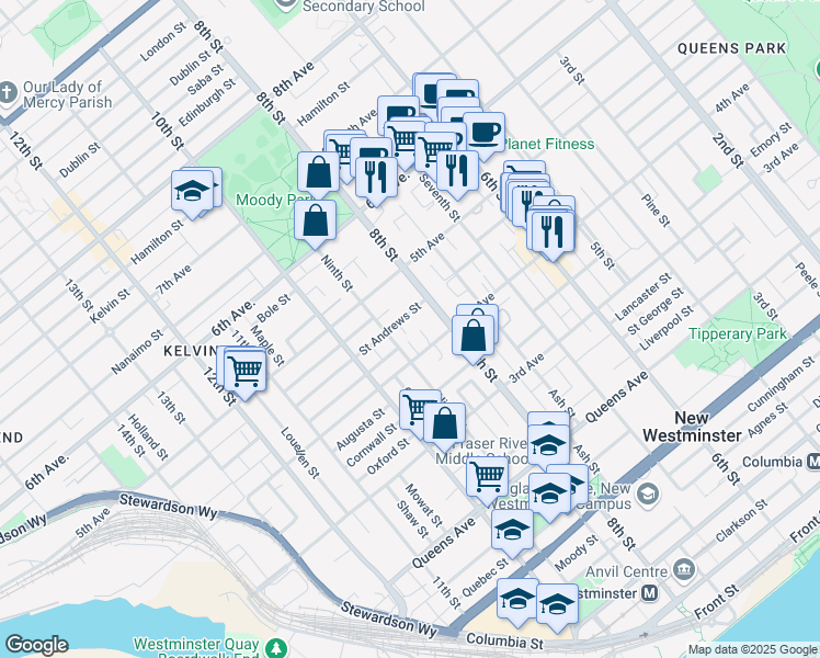 map of restaurants, bars, coffee shops, grocery stores, and more near in New Westminster