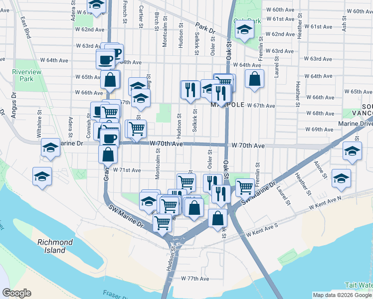 map of restaurants, bars, coffee shops, grocery stores, and more near 8607 Selkirk Street in Vancouver