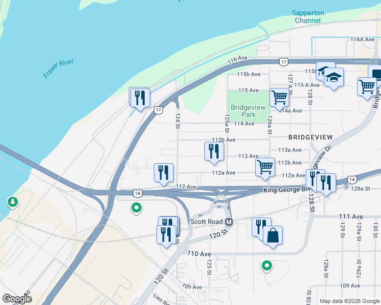 map of restaurants, bars, coffee shops, grocery stores, and more near 12441 113 Avenue in Surrey