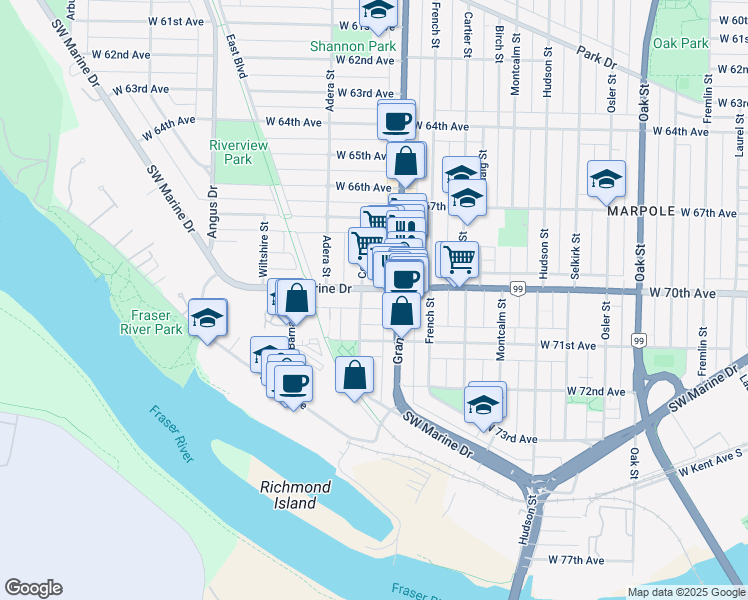 map of restaurants, bars, coffee shops, grocery stores, and more near 1518 West 70th Avenue in Vancouver