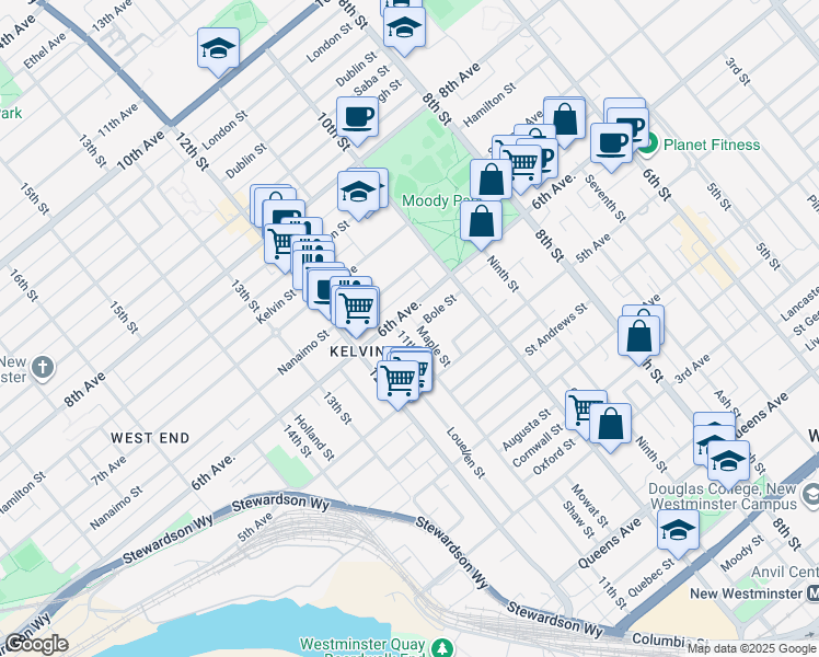 map of restaurants, bars, coffee shops, grocery stores, and more near 525 11th Street in New Westminster