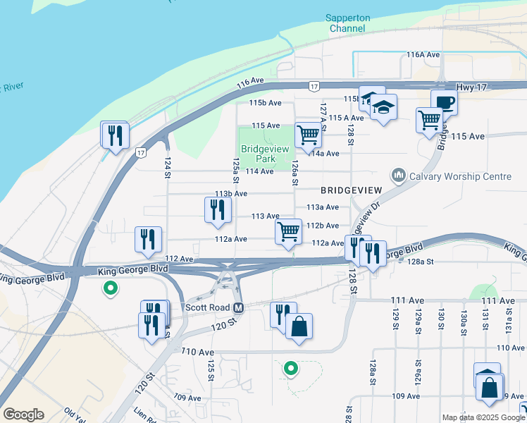 map of restaurants, bars, coffee shops, grocery stores, and more near 12609 113 Avenue in Surrey