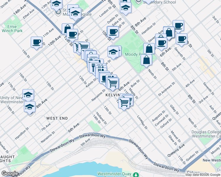map of restaurants, bars, coffee shops, grocery stores, and more near 615 12th Street in New Westminster