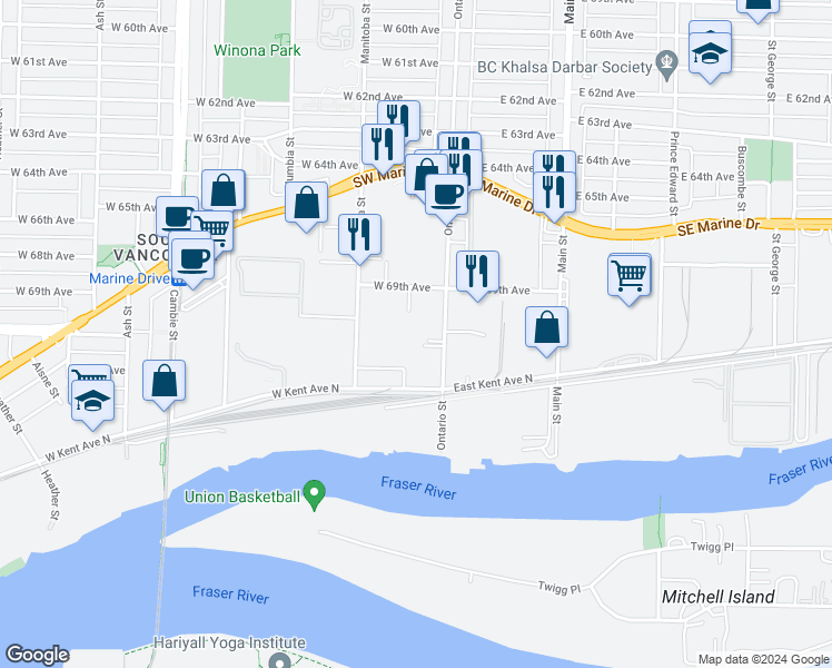 map of restaurants, bars, coffee shops, grocery stores, and more near 8495 Ontario Street in Vancouver