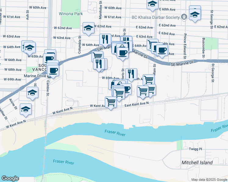 map of restaurants, bars, coffee shops, grocery stores, and more near 8495 Ontario Street in Vancouver