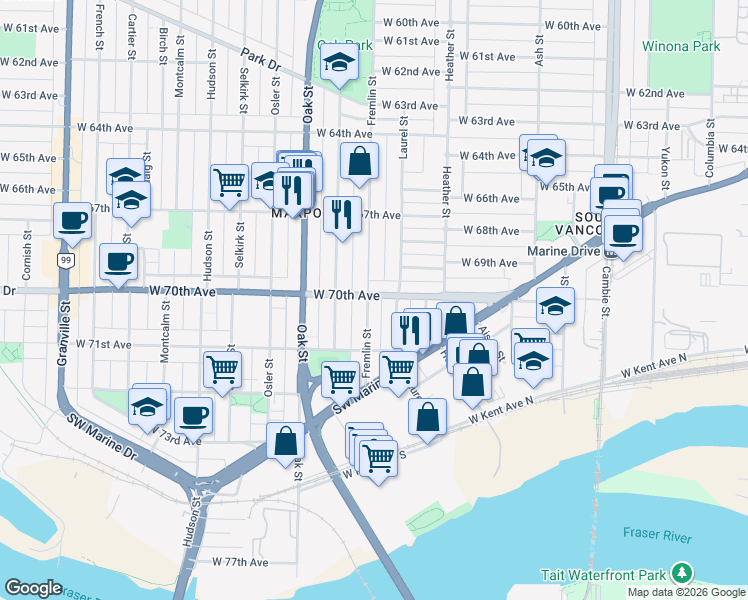 map of restaurants, bars, coffee shops, grocery stores, and more near 888 West 70th Avenue in Vancouver