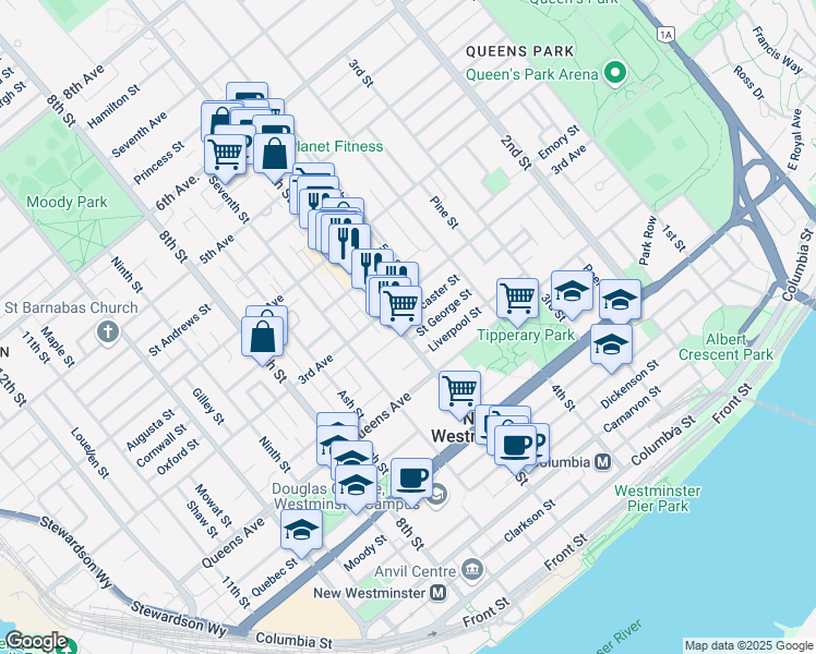 map of restaurants, bars, coffee shops, grocery stores, and more near 225 6th Street in New Westminster
