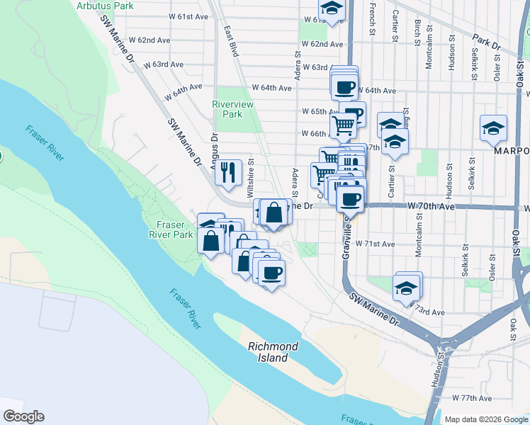 map of restaurants, bars, coffee shops, grocery stores, and more near 1628 Southwest Marine Drive in Vancouver