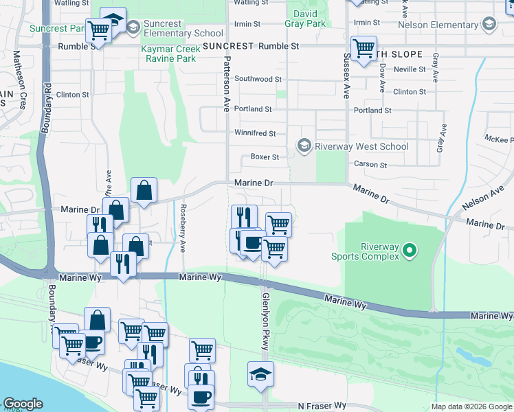 map of restaurants, bars, coffee shops, grocery stores, and more near 8485 New Haven Close in Burnaby