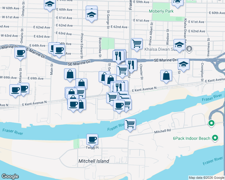 map of restaurants, bars, coffee shops, grocery stores, and more near in Vancouver