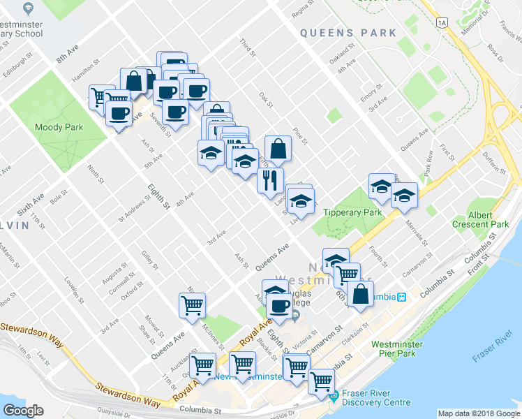 map of restaurants, bars, coffee shops, grocery stores, and more near in New Westminster