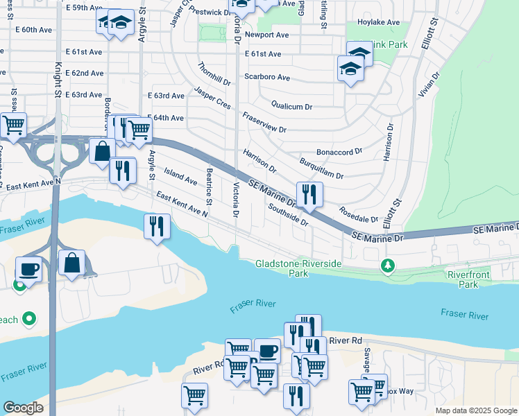 map of restaurants, bars, coffee shops, grocery stores, and more near 8441 Duff Street in Vancouver