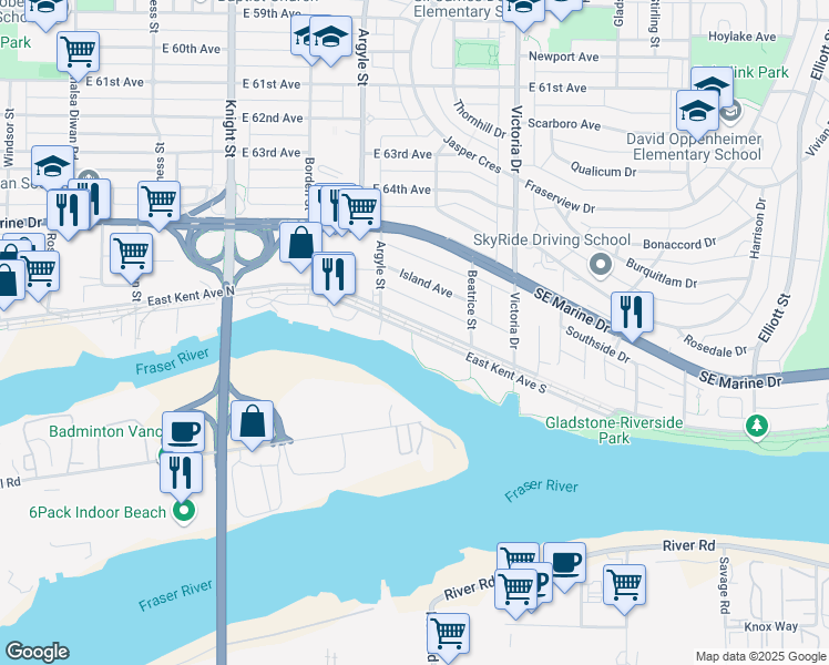 map of restaurants, bars, coffee shops, grocery stores, and more near 13 East Kent Avenue South in Vancouver