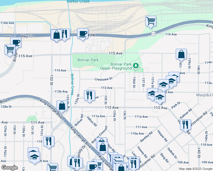 map of restaurants, bars, coffee shops, grocery stores, and more near 13495 113 Avenue in Surrey