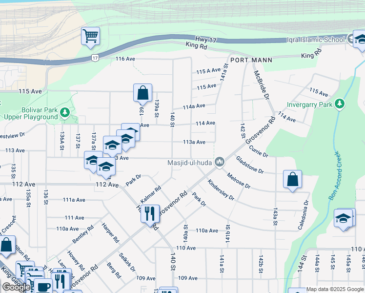 map of restaurants, bars, coffee shops, grocery stores, and more near 14032 113A Avenue in Surrey