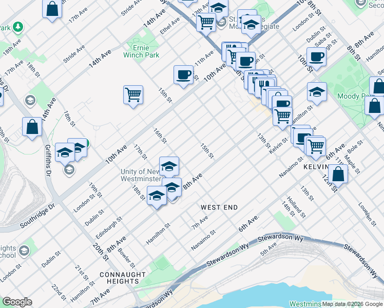 map of restaurants, bars, coffee shops, grocery stores, and more near 1515 Edinburgh Street in New Westminster