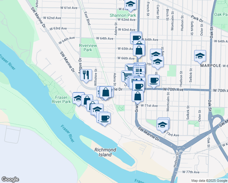 map of restaurants, bars, coffee shops, grocery stores, and more near 1592 Southwest Marine Drive in Vancouver