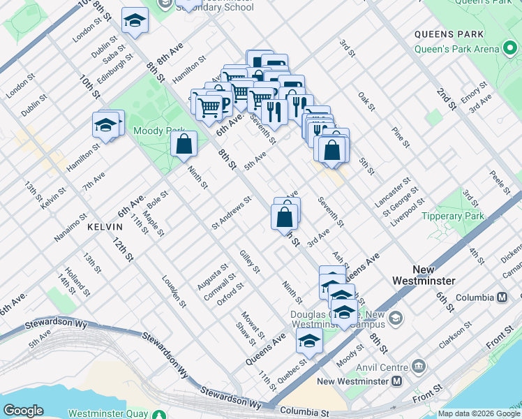 map of restaurants, bars, coffee shops, grocery stores, and more near 406 Eighth Street in New Westminster