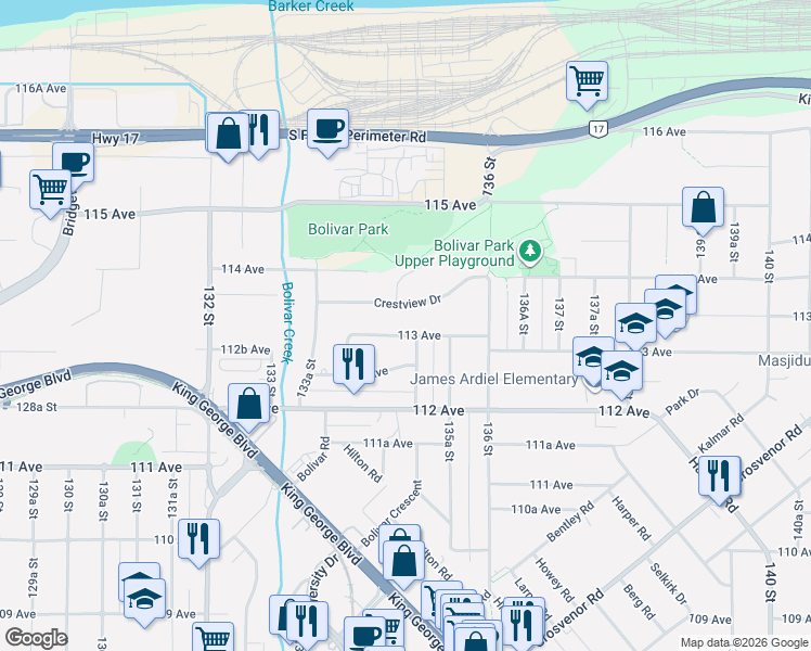 map of restaurants, bars, coffee shops, grocery stores, and more near 13475 113 Avenue in Surrey