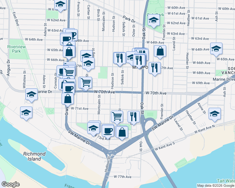 map of restaurants, bars, coffee shops, grocery stores, and more near 8607 Selkirk Street in Vancouver