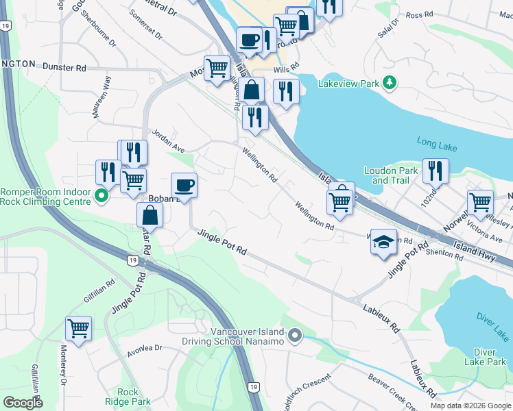 map of restaurants, bars, coffee shops, grocery stores, and more near 4545 Wellington Road in Nanaimo