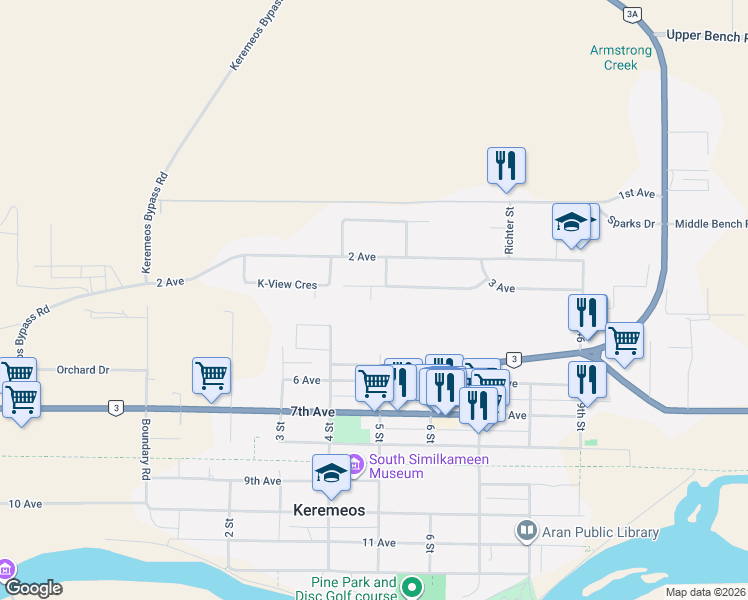 map of restaurants, bars, coffee shops, grocery stores, and more near 432 3 Avenue in Keremeos