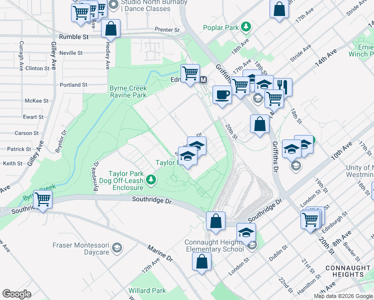 map of restaurants, bars, coffee shops, grocery stores, and more near 6736 Southpoint Drive in Burnaby