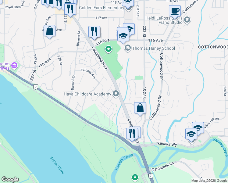 map of restaurants, bars, coffee shops, grocery stores, and more near 11295 Pazarena Place in Maple Ridge