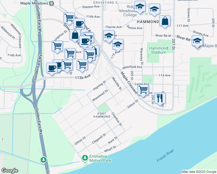 map of restaurants, bars, coffee shops, grocery stores, and more near 11310 Eltham Street in Maple Ridge