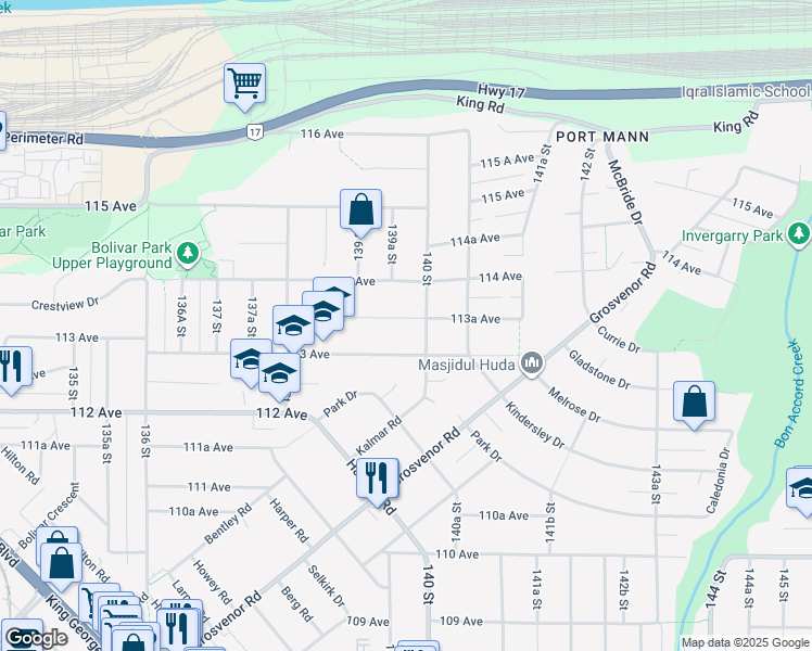 map of restaurants, bars, coffee shops, grocery stores, and more near 13978 113A Avenue in Surrey