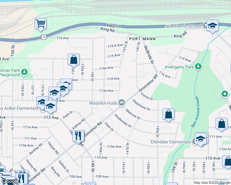map of restaurants, bars, coffee shops, grocery stores, and more near in Surrey